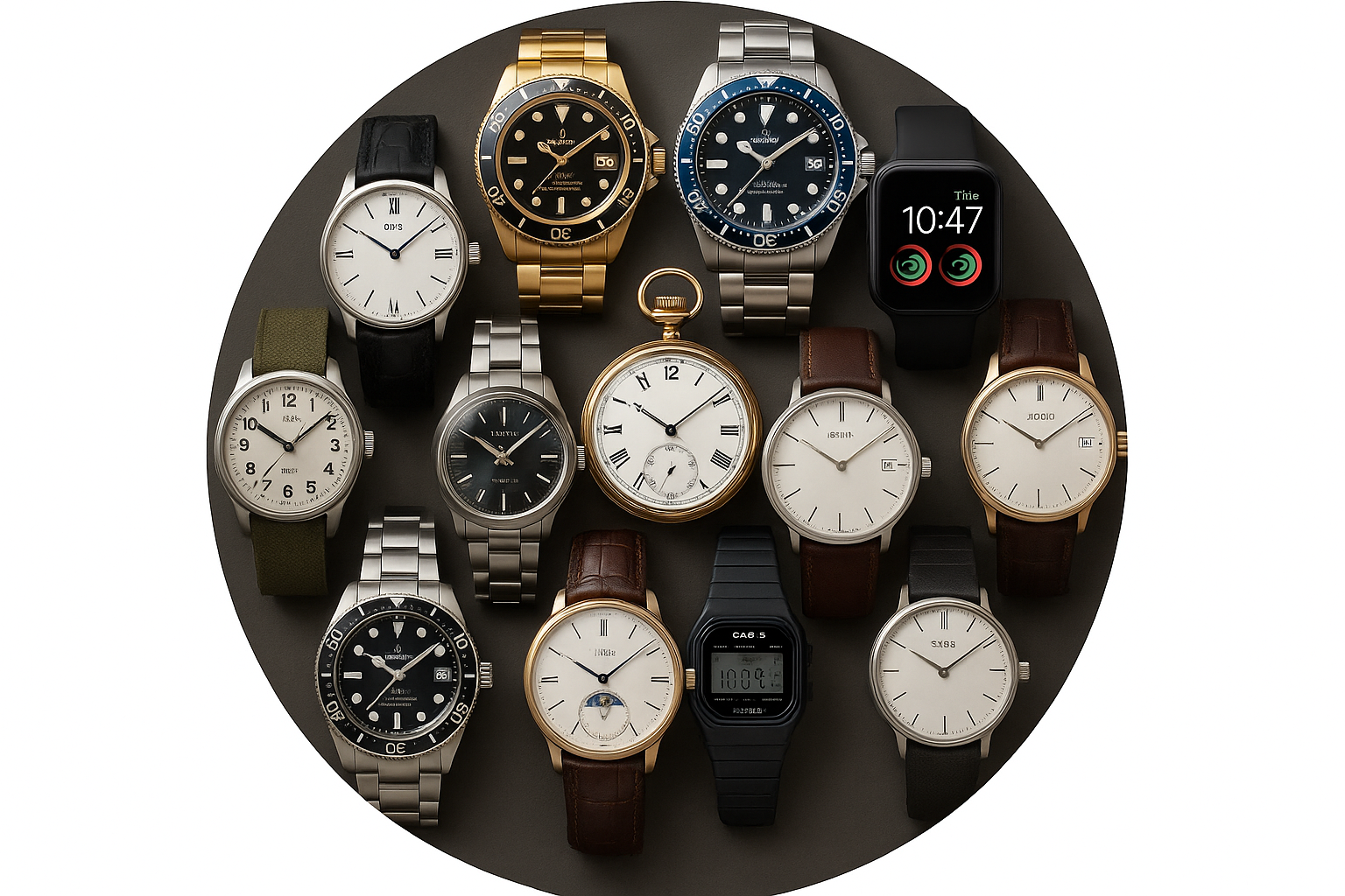 generate an image in circle shape and size must be 400px.400px and image should be of different watches