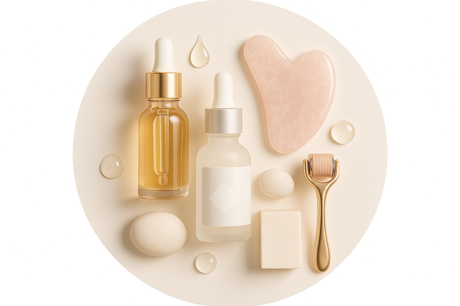 generate an image of shape circle and its size must be 400px.400px and the image should be of skin and care as my products are garnier serum, the orinary serum, guasha, derma roller etc