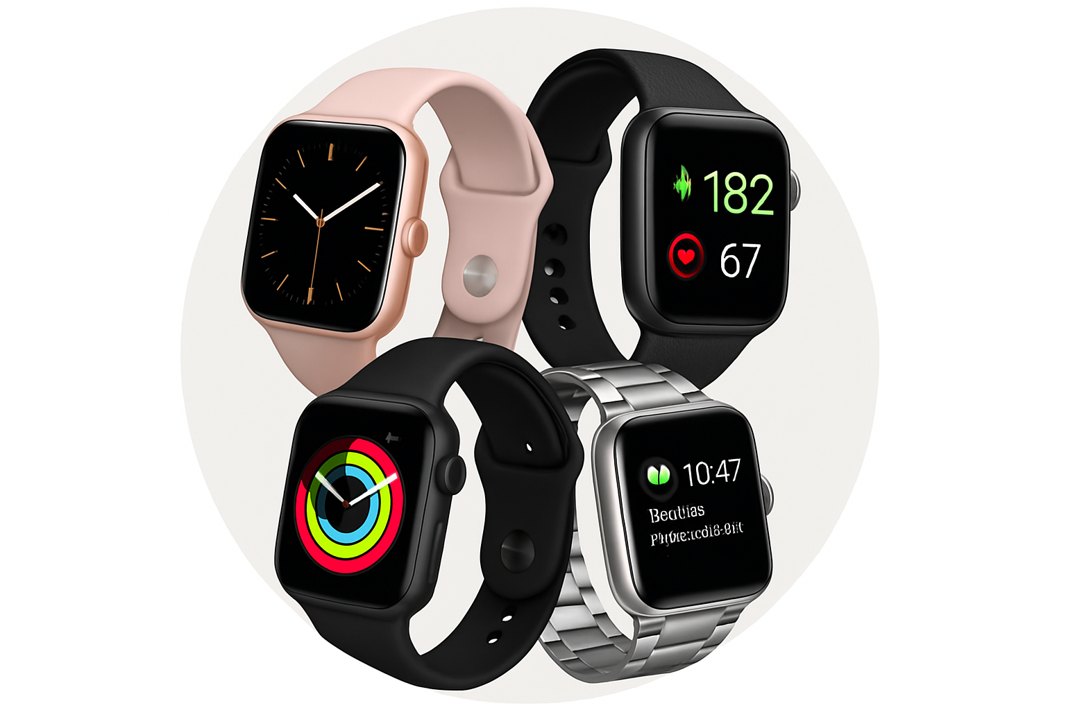 generate an image of shape circle ans size must be 400px.400px and image should be of smart watches